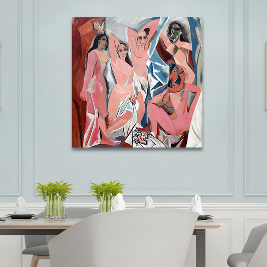 Picasso Avignon Girls Wall Art in Pink Cubism Canvas Print for Living Room Clearhalo 'Art Gallery' 'Canvas Art' 'Traditional' Arts' 1690241