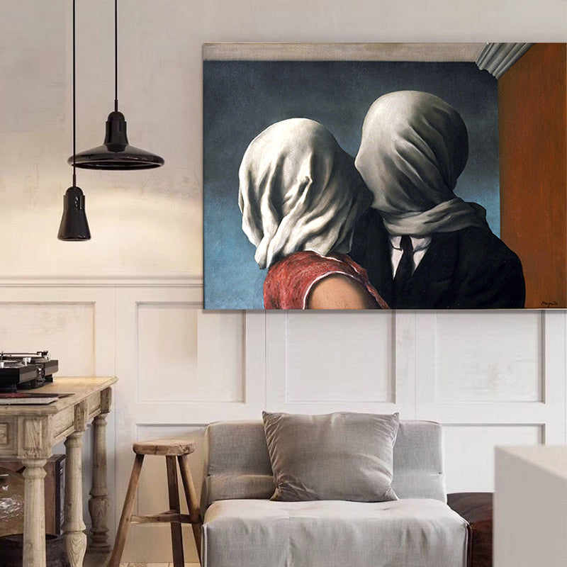 Surrealism Magritte the Lovers Canvas Blue Textured Wall Art Print for Living Room Blue Clearhalo 'Arts' 'Canvas Art' 1690246