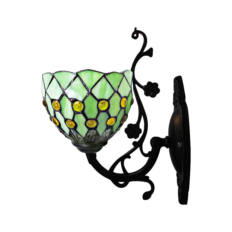 Bowl Wall Mount Light with Bead Decoration 1 Light Stained Glass Mini Wall Lighting Clearhalo 'Industrial' 'Middle century wall lights' 'Tiffany wall lights' 'Tiffany' 'Wall Lamps & Sconces' 'Wall Lights' Lighting' 169029