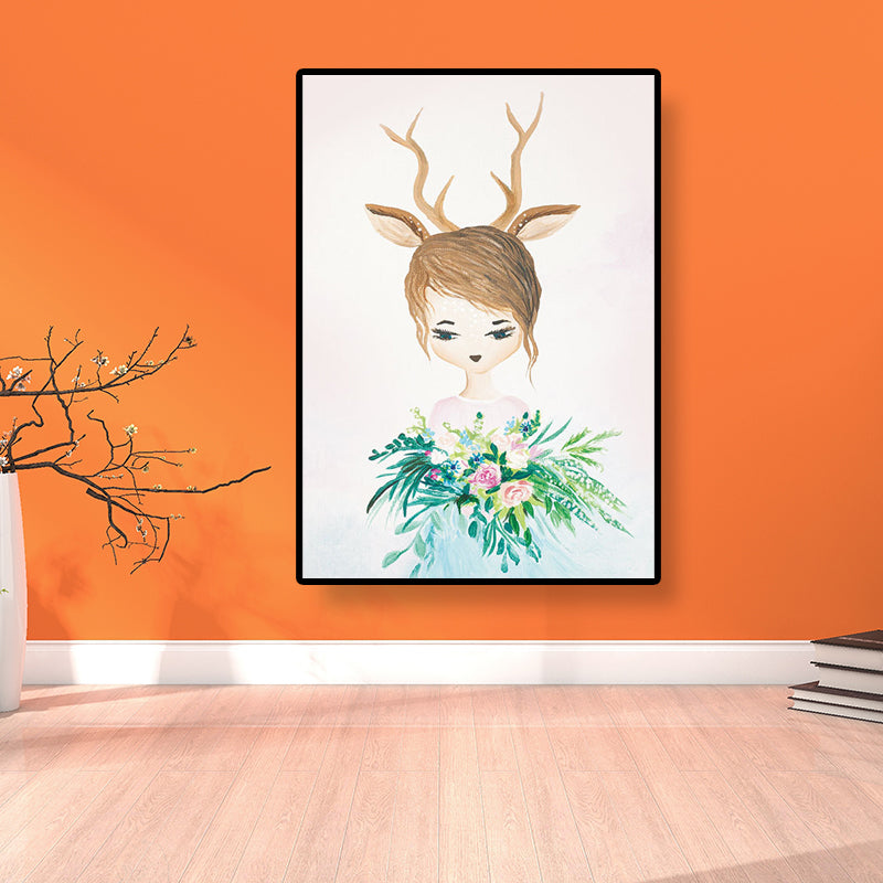 Fantasy Deer Girl Painting Canvas Childrens Art Textured Wall Decor in Pastel Color Green Clearhalo 'Art Gallery' 'Canvas Art' 'Kids' Arts' 1690356