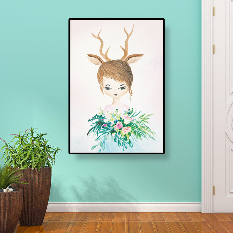 Fantasy Deer Girl Painting Canvas Childrens Art Textured Wall Decor in Pastel Color Clearhalo 'Art Gallery' 'Canvas Art' 'Kids' Arts' 1690357
