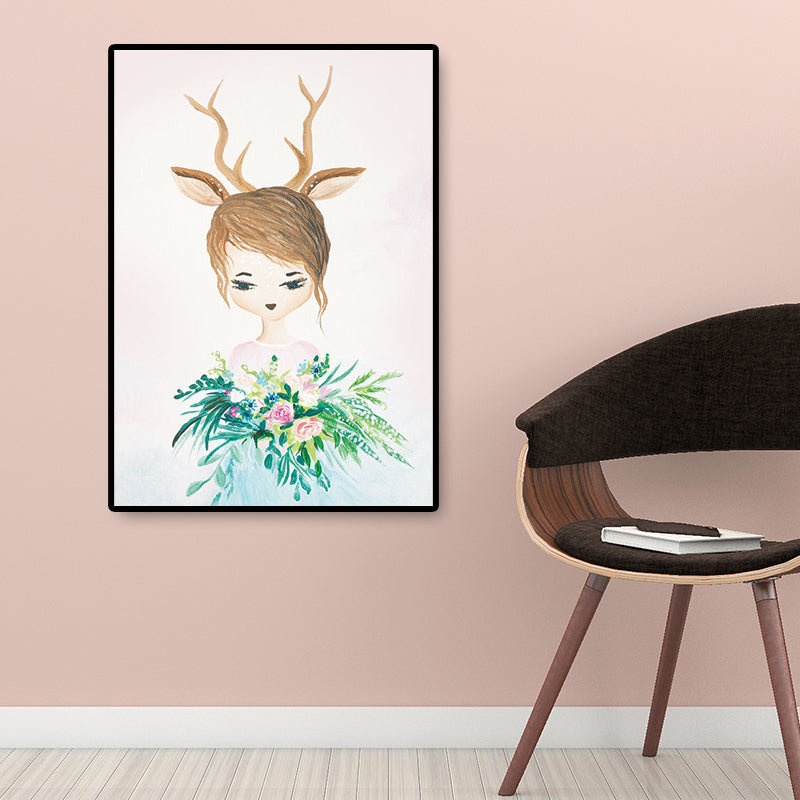 Fantasy Deer Girl Painting Canvas Childrens Art Textured Wall Decor in Pastel Color Clearhalo 'Art Gallery' 'Canvas Art' 'Kids' Arts' 1690358