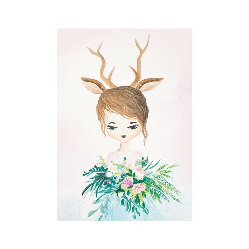 Fantasy Deer Girl Painting Canvas Childrens Art Textured Wall Decor in Pastel Color Clearhalo 'Art Gallery' 'Canvas Art' 'Kids' Arts' 1690359