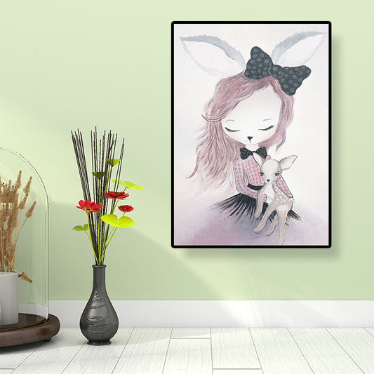 Fantasy Deer Girl Painting Canvas Childrens Art Textured Wall Decor in Pastel Color Purple Clearhalo 'Art Gallery' 'Canvas Art' 'Kids' Arts' 1690367