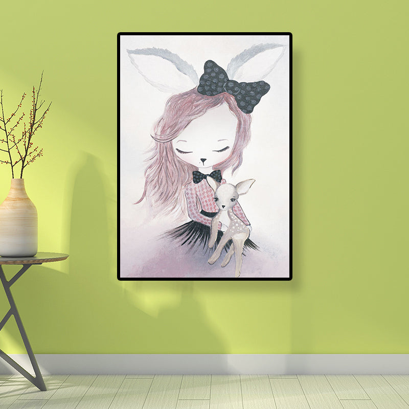 Fantasy Deer Girl Painting Canvas Childrens Art Textured Wall Decor in Pastel Color Clearhalo 'Art Gallery' 'Canvas Art' 'Kids' Arts' 1690368