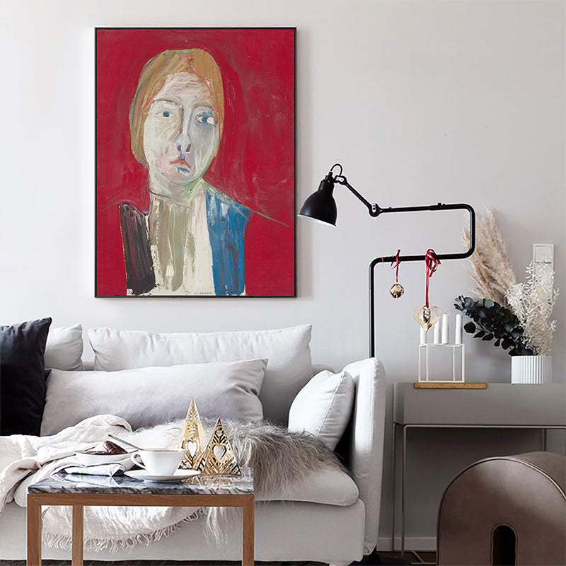 Oil Painting Scandinavian Style Art Girl's Front Face in Red, Multiple Sizes Options Red Clearhalo 'Arts' 'Canvas Art' 1690483