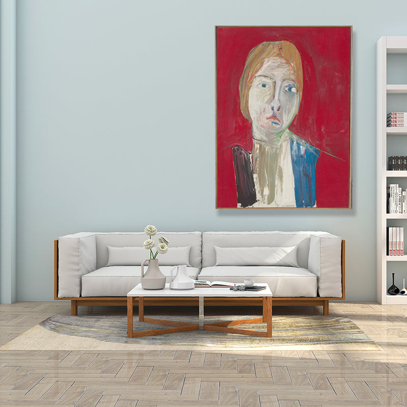 Oil Painting Scandinavian Style Art Girl's Front Face in Red, Multiple Sizes Options Clearhalo 'Arts' 'Canvas Art' 1690485