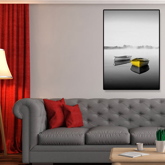 Boat on River Canvas Print for Bedroom Vehicle Wall Art Grey for Home Decor, Multiple Sizes Grey Clearhalo 'Art Gallery' 'Canvas Art' 'Contemporary Art Gallery' 'Modern' Arts' 1690490