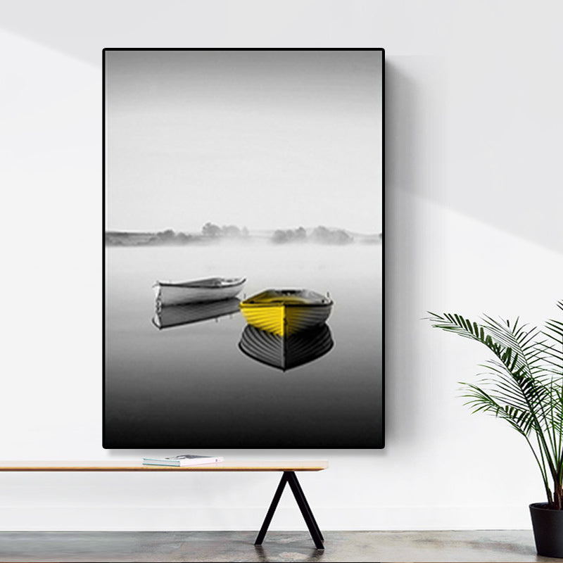 Boat on River Canvas Print for Bedroom Vehicle Wall Art Grey for Home Decor, Multiple Sizes Clearhalo 'Art Gallery' 'Canvas Art' 'Contemporary Art Gallery' 'Modern' Arts' 1690491