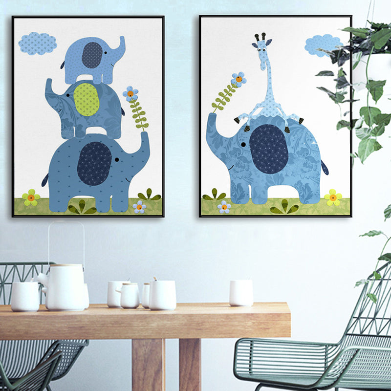 Animal and Flower Wall Decor Blue Canvas Painting Textured for Dining Room, Multiple Sizes Blue Design 1 Clearhalo 'Art Gallery' 'Canvas Art' 'Kids' Arts' 1690496