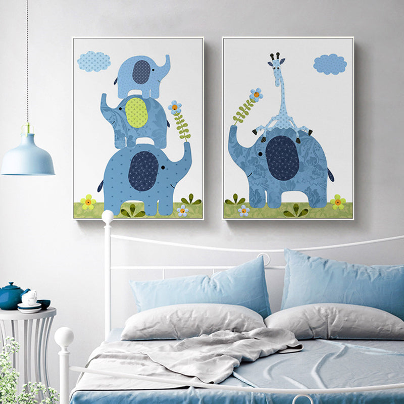 Animal and Flower Wall Decor Blue Canvas Painting Textured for Dining Room, Multiple Sizes Blue Design 2 Clearhalo 'Art Gallery' 'Canvas Art' 'Kids' Arts' 1690503