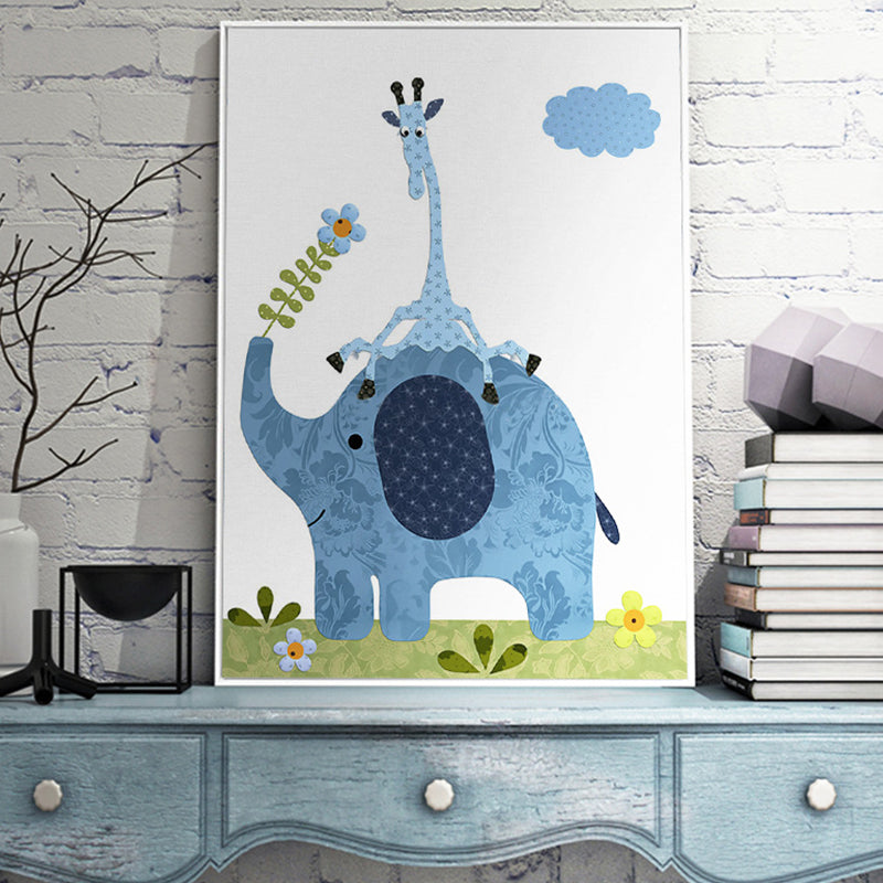 Animal and Flower Wall Decor Blue Canvas Painting Textured for Dining Room, Multiple Sizes Clearhalo 'Art Gallery' 'Canvas Art' 'Kids' Arts' 1690504