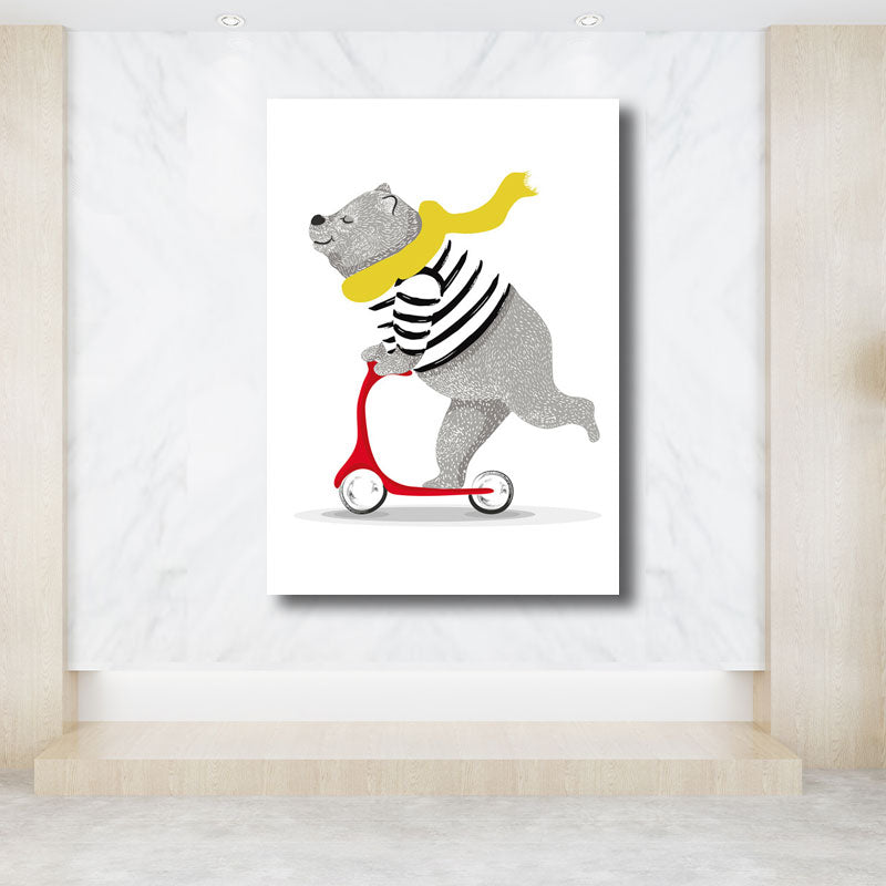 Cartoon Bear on Scooter Art Print Canvas Decorative Grey Wall Decor for Children Room Grey Clearhalo 'Art Gallery' 'Canvas Art' 'Kids' Arts' 1690521
