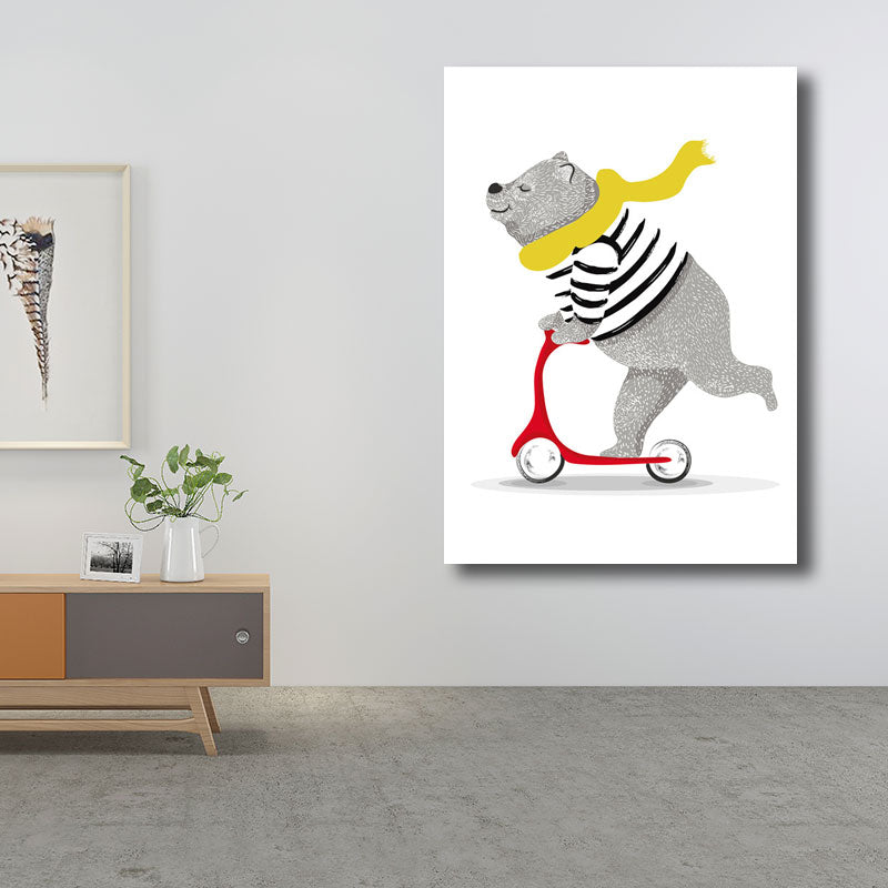 Cartoon Bear on Scooter Art Print Canvas Decorative Grey Wall Decor for Children Room Clearhalo 'Art Gallery' 'Canvas Art' 'Kids' Arts' 1690522