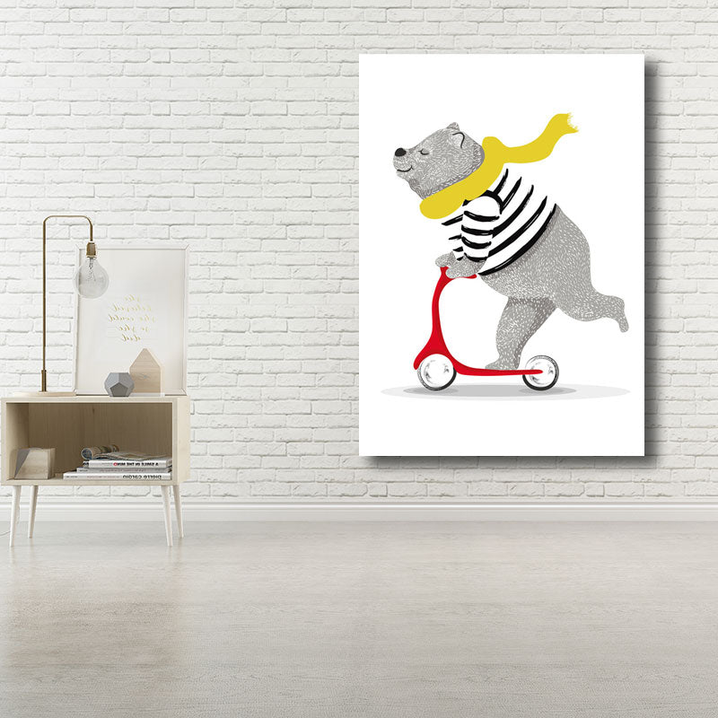 Cartoon Bear on Scooter Art Print Canvas Decorative Grey Wall Decor for Children Room Clearhalo 'Art Gallery' 'Canvas Art' 'Kids' Arts' 1690523