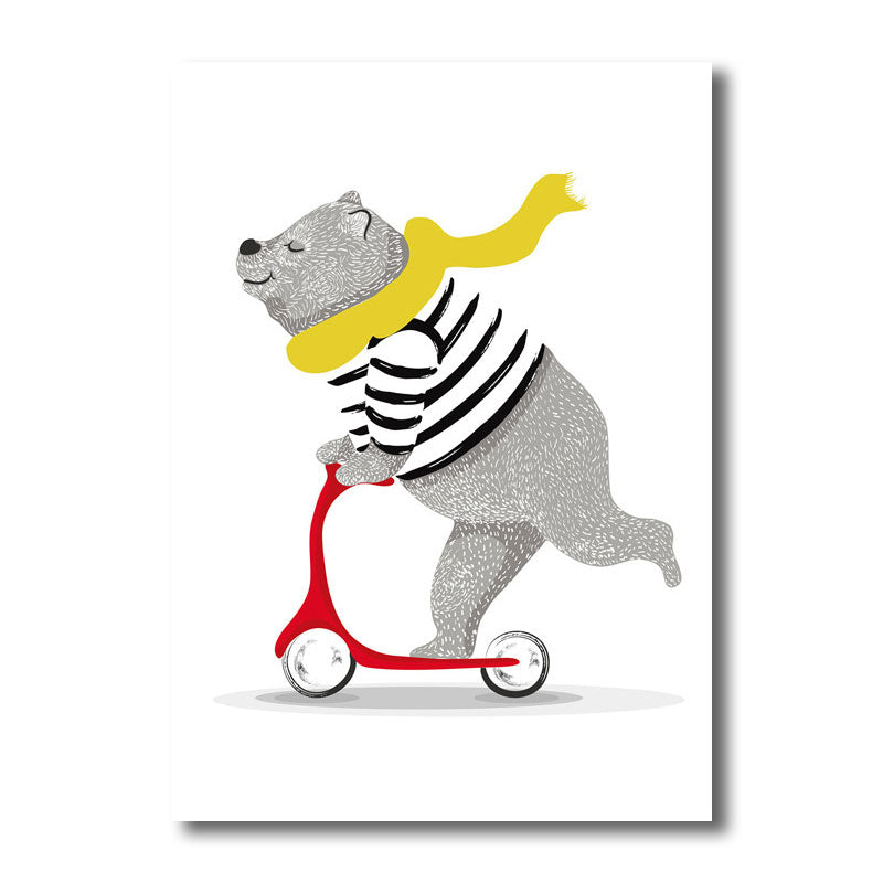 Cartoon Bear on Scooter Art Print Canvas Decorative Grey Wall Decor for Children Room Clearhalo 'Art Gallery' 'Canvas Art' 'Kids' Arts' 1690524