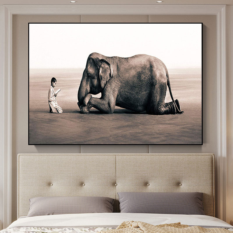 Photograph Print Modernist Canvas Art with Boy and Elephant Pattern in Black for Parlor Brown Clearhalo 'Art Gallery' 'Canvas Art' 'Kids' Arts' 1690571