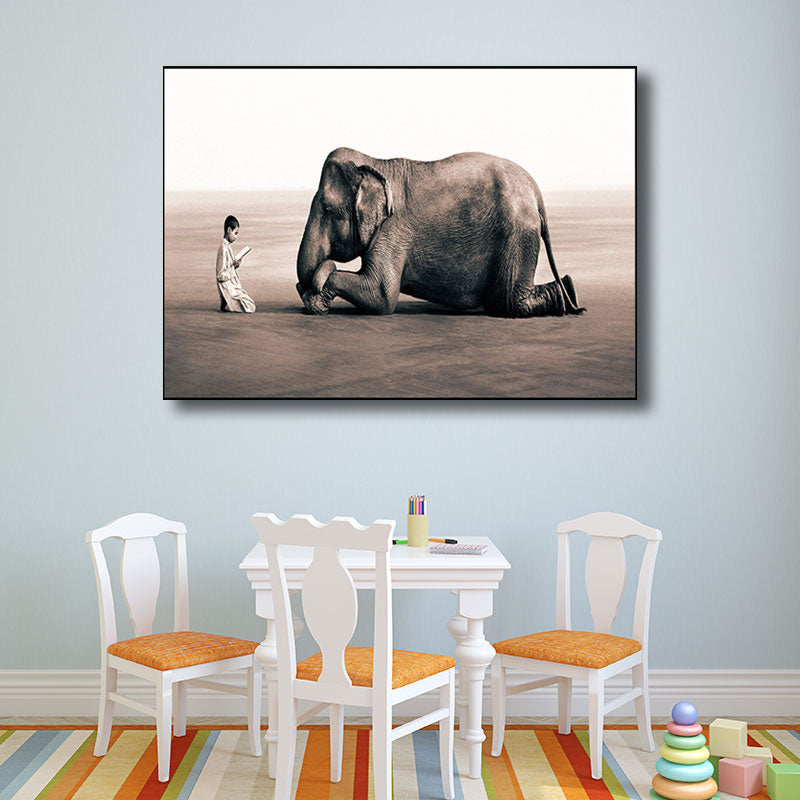 Photograph Print Modernist Canvas Art with Boy and Elephant Pattern in Black for Parlor Clearhalo 'Art Gallery' 'Canvas Art' 'Kids' Arts' 1690572