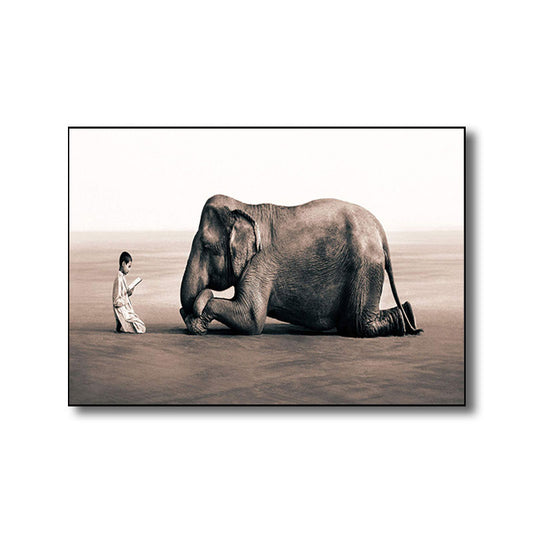 Photograph Print Modernist Canvas Art with Boy and Elephant Pattern in Black for Parlor Clearhalo 'Art Gallery' 'Canvas Art' 'Kids' Arts' 1690574