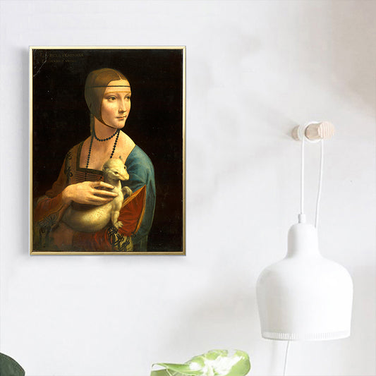 Women and Snow Weasel Painting in Brown Vintage Style Wall Decor for Dining Room Clearhalo 'Arts' 'Canvas Art' 1690634