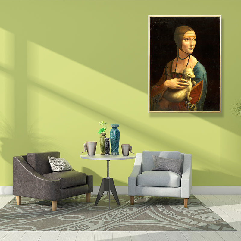 Women and Snow Weasel Painting in Brown Vintage Style Wall Decor for Dining Room Clearhalo 'Arts' 'Canvas Art' 1690635