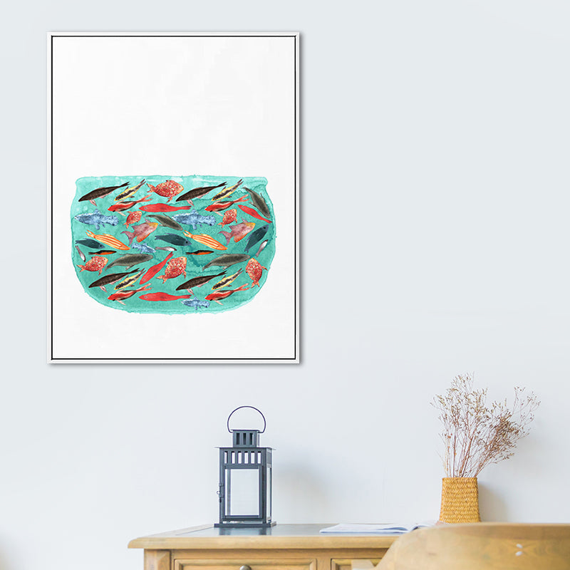 Cartoon Kids Art Print Fish in Aquarium Green Canvas for Living Room, Multiple Sizes Available Clearhalo 'Art Gallery' 'Canvas Art' 'Kids' Arts' 1690652