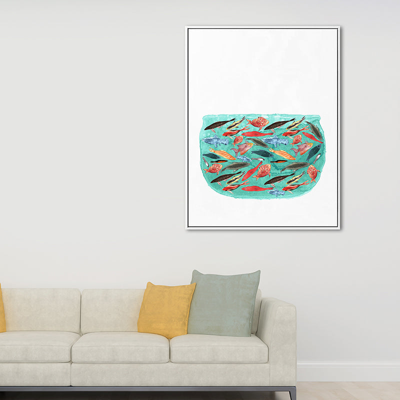 Cartoon Kids Art Print Fish in Aquarium Green Canvas for Living Room, Multiple Sizes Available Clearhalo 'Art Gallery' 'Canvas Art' 'Kids' Arts' 1690653