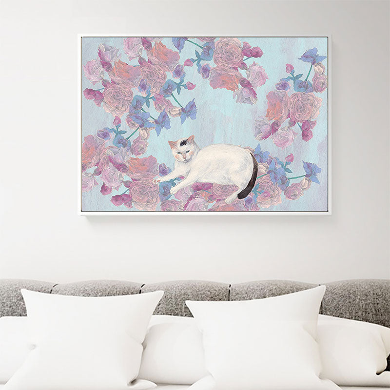 Pink Cat and Flowers Painting Textured Children's Art Kids Bedroom Wall Art Decor Pink Clearhalo 'Art Gallery' 'Canvas Art' 'Kids' Arts' 1690680