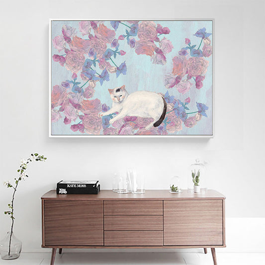 Pink Cat and Flowers Painting Textured Children's Art Kids Bedroom Wall Art Decor Clearhalo 'Art Gallery' 'Canvas Art' 'Kids' Arts' 1690681