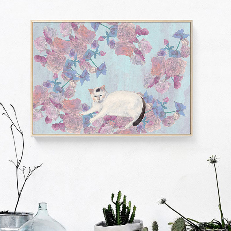 Pink Cat and Flowers Painting Textured Children's Art Kids Bedroom Wall Art Decor Clearhalo 'Art Gallery' 'Canvas Art' 'Kids' Arts' 1690682