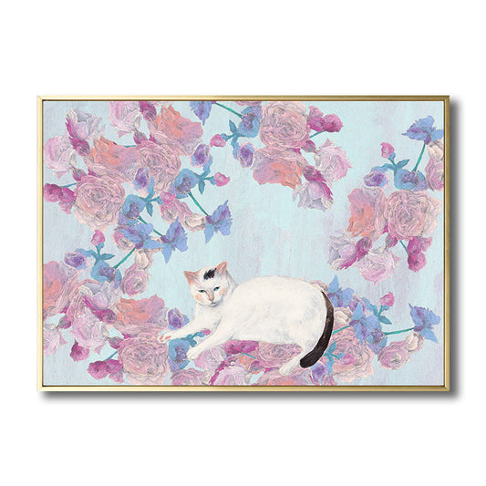 Pink Cat and Flowers Painting Textured Children's Art Kids Bedroom Wall Art Decor Clearhalo 'Art Gallery' 'Canvas Art' 'Kids' Arts' 1690683