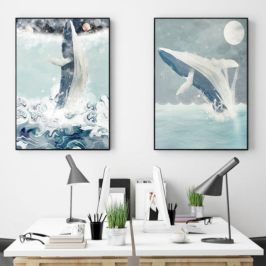 Kids Jumping Dolphin Wall Art Boy Bedroom Canvas Print in Green (Multiple Size Options) Green Design 1 Clearhalo 'Art Gallery' 'Canvas Art' 'Kids' Arts' 1690737
