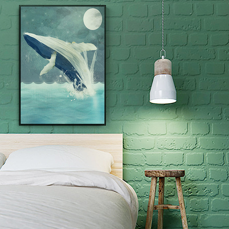 Kids Jumping Dolphin Wall Art Boy Bedroom Canvas Print in Green (Multiple Size Options) Clearhalo 'Art Gallery' 'Canvas Art' 'Kids' Arts' 1690738