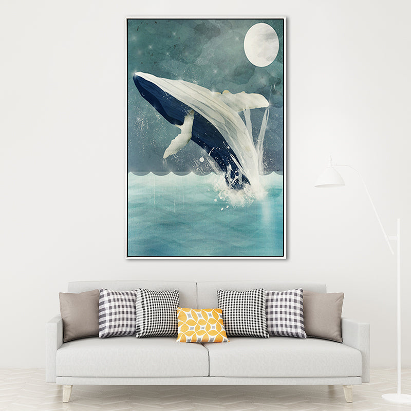 Kids Jumping Dolphin Wall Art Boy Bedroom Canvas Print in Green (Multiple Size Options) Clearhalo 'Art Gallery' 'Canvas Art' 'Kids' Arts' 1690739