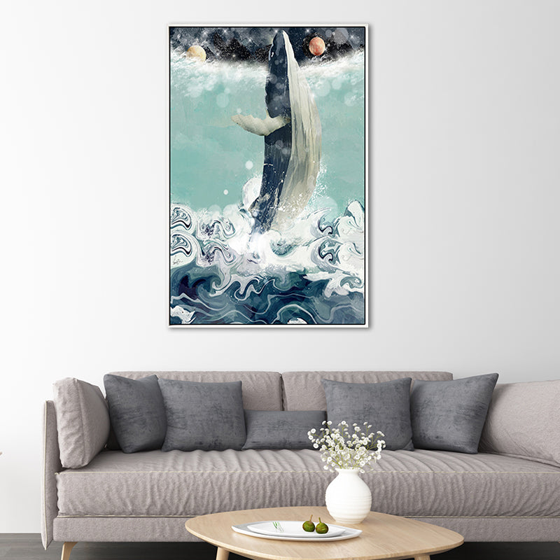 Kids Jumping Dolphin Wall Art Boy Bedroom Canvas Print in Green (Multiple Size Options) Clearhalo 'Art Gallery' 'Canvas Art' 'Kids' Arts' 1690745