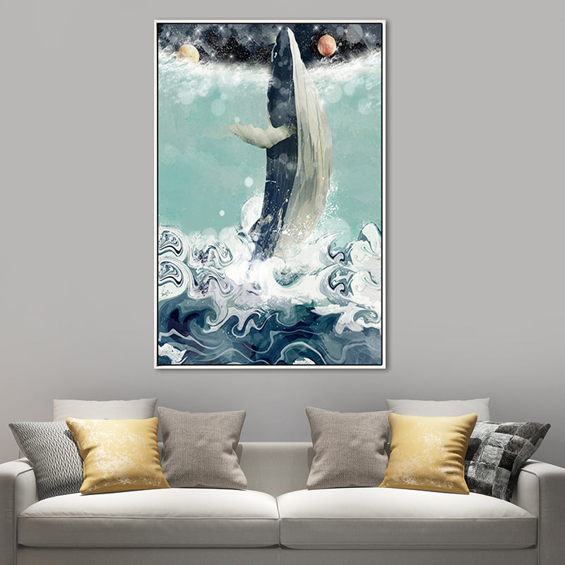 Kids Jumping Dolphin Wall Art Boy Bedroom Canvas Print in Green (Multiple Size Options) Clearhalo 'Art Gallery' 'Canvas Art' 'Kids' Arts' 1690746
