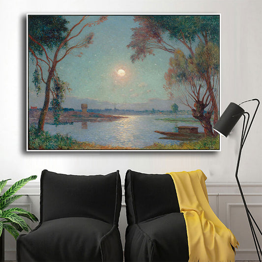 River Moon Night Scenery Painting Green Canvas Print Wall Art, Textured Surface Green Clearhalo 'Art Gallery' 'Canvas Art' 'Traditional' Arts' 1690780