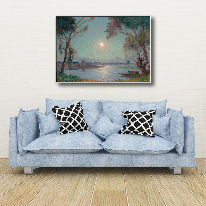 River Moon Night Scenery Painting Green Canvas Print Wall Art, Textured Surface Clearhalo 'Art Gallery' 'Canvas Art' 'Traditional' Arts' 1690781