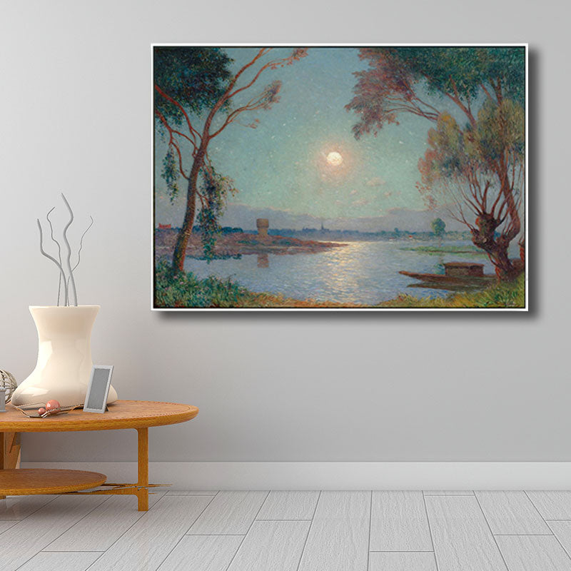 River Moon Night Scenery Painting Green Canvas Print Wall Art, Textured Surface Clearhalo 'Art Gallery' 'Canvas Art' 'Traditional' Arts' 1690782