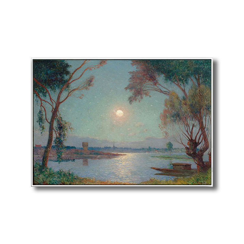 River Moon Night Scenery Painting Green Canvas Print Wall Art, Textured Surface Clearhalo 'Art Gallery' 'Canvas Art' 'Traditional' Arts' 1690783