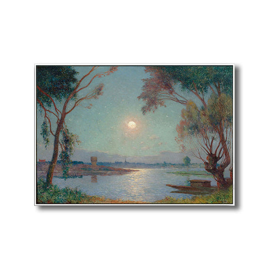 River Moon Night Scenery Painting Green Canvas Print Wall Art, Textured Surface Clearhalo 'Art Gallery' 'Canvas Art' 'Traditional' Arts' 1690783