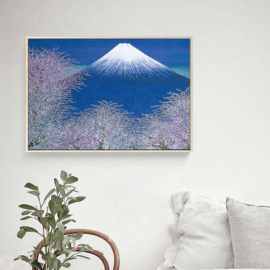 Canvas Blue Wall Decor Contemporary Style Cherry Blossom and Snow Mountain Painting Blue Clearhalo 'Art Gallery' 'Canvas Art' 'Contemporary Art Gallery' 'Modern' Arts' 1690859