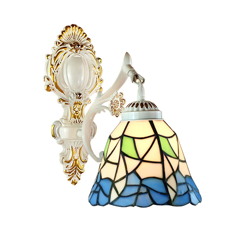 Bell Shade Tiffany Wall Lamp Stained Glass 1 Light Wall Sconce Lighting in White Clearhalo 'Industrial' 'Middle century wall lights' 'Tiffany wall lights' 'Tiffany' 'Wall Lamps & Sconces' 'Wall Lights' Lighting' 169089
