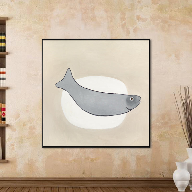 Cartoon Square Wall Art Decor Grey Fish and Elliptical Canvas Print for Dining Room Grey Clearhalo 'Art Gallery' 'Canvas Art' 'Kids' Arts' 1691102