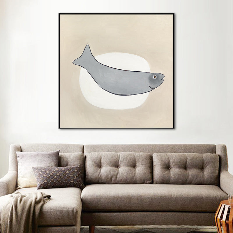 Cartoon Square Wall Art Decor Grey Fish and Elliptical Canvas Print for Dining Room Clearhalo 'Art Gallery' 'Canvas Art' 'Kids' Arts' 1691103