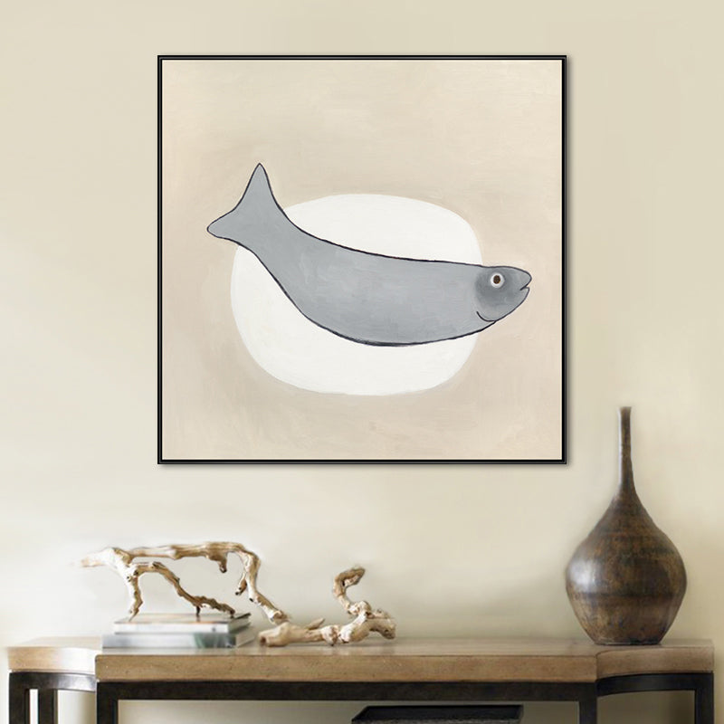 Cartoon Square Wall Art Decor Grey Fish and Elliptical Canvas Print for Dining Room Clearhalo 'Art Gallery' 'Canvas Art' 'Kids' Arts' 1691104