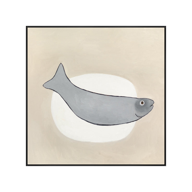 Cartoon Square Wall Art Decor Grey Fish and Elliptical Canvas Print for Dining Room Clearhalo 'Art Gallery' 'Canvas Art' 'Kids' Arts' 1691105