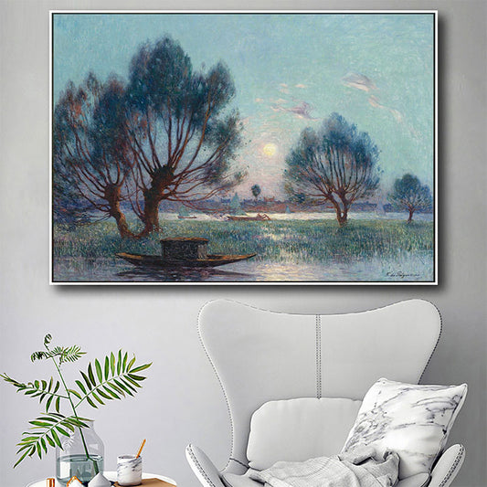 Green Scenery Painting Boat and Riverside Tree under Moon Night Sky Rural Textured Wall Art Green Clearhalo 'Art Gallery' 'Canvas Art' 'Country Art Gallery' 'French Country' 'Rustic' Arts' 1691153