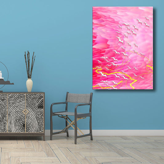 Natural Flying Birds Wall Art Contemporary Textured Canvas Prints in Light Color Pink