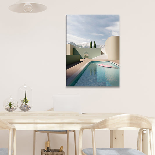 Building and Tree Wall Decor Contemporary Textured Canvas Print in Soft Color for Bedroom Green